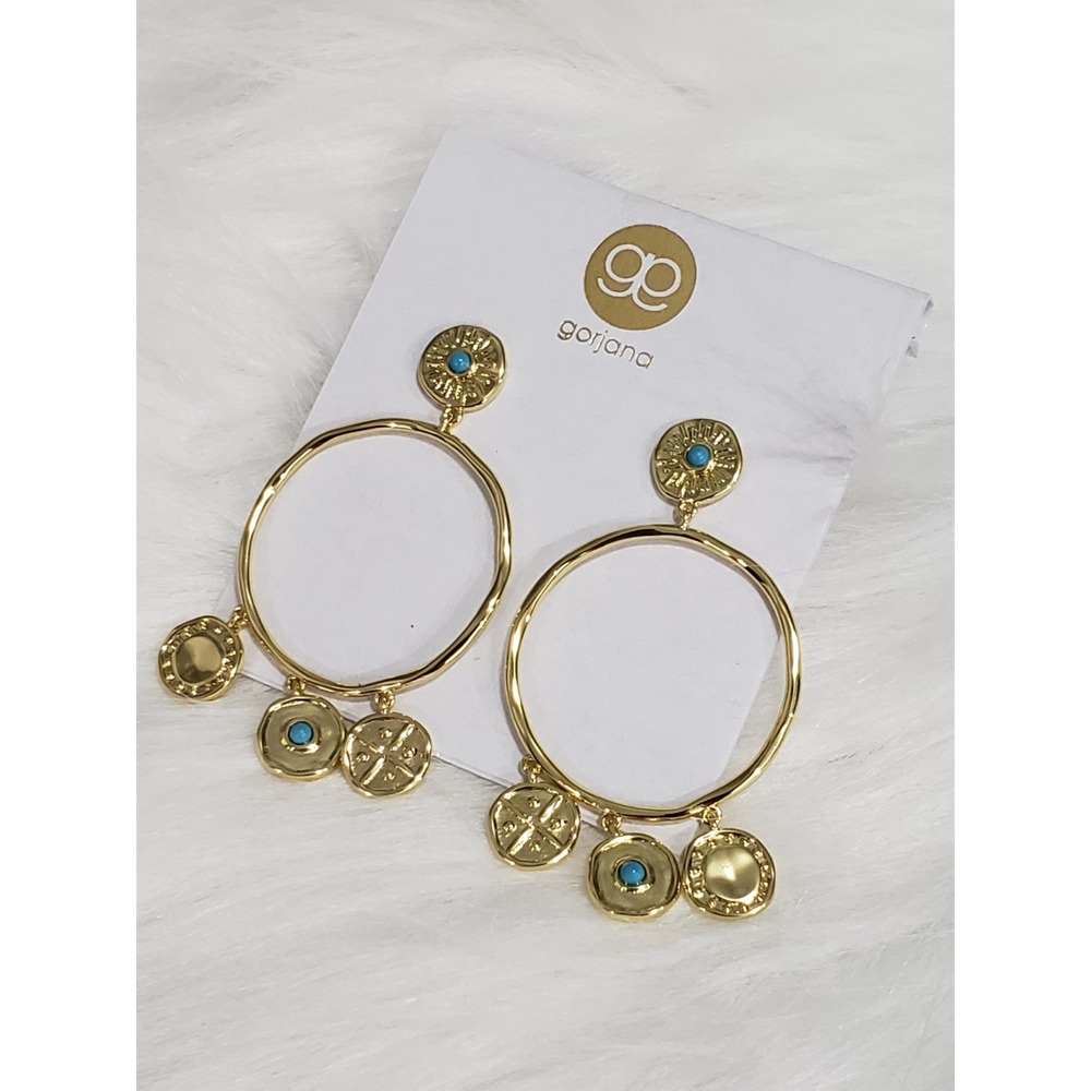 NEW GORJANA TURQUOISE GOLD TONE CRUS COIN DROP HOOP EARRINGS bohemian wonderlust